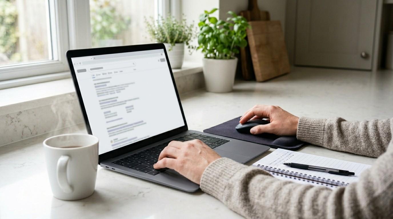 Parents hands using a mouse on a laptop at a quartz kitchen counter during soft window light.