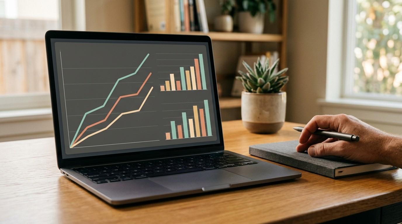 Laptop screen with abstract analytics and a hand holding a pen on a clean home office desk.
