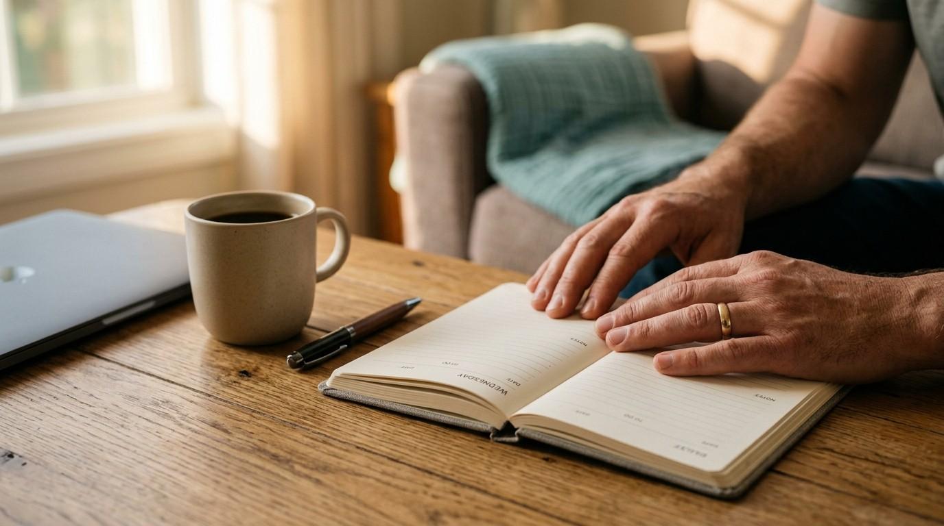 Parents hands near a planner during golden hour, illustrating the limited productivity window for passive income.