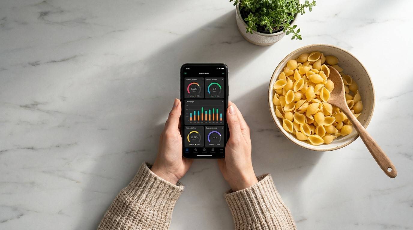 Hands holding a phone in a kitchen, showing how to build online income for moms in 30-minute windows.