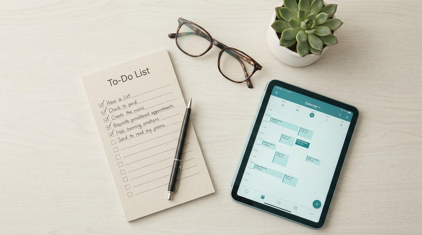 An organized desk with a checklist and tablet, illustrating a work from home no experience action plan.