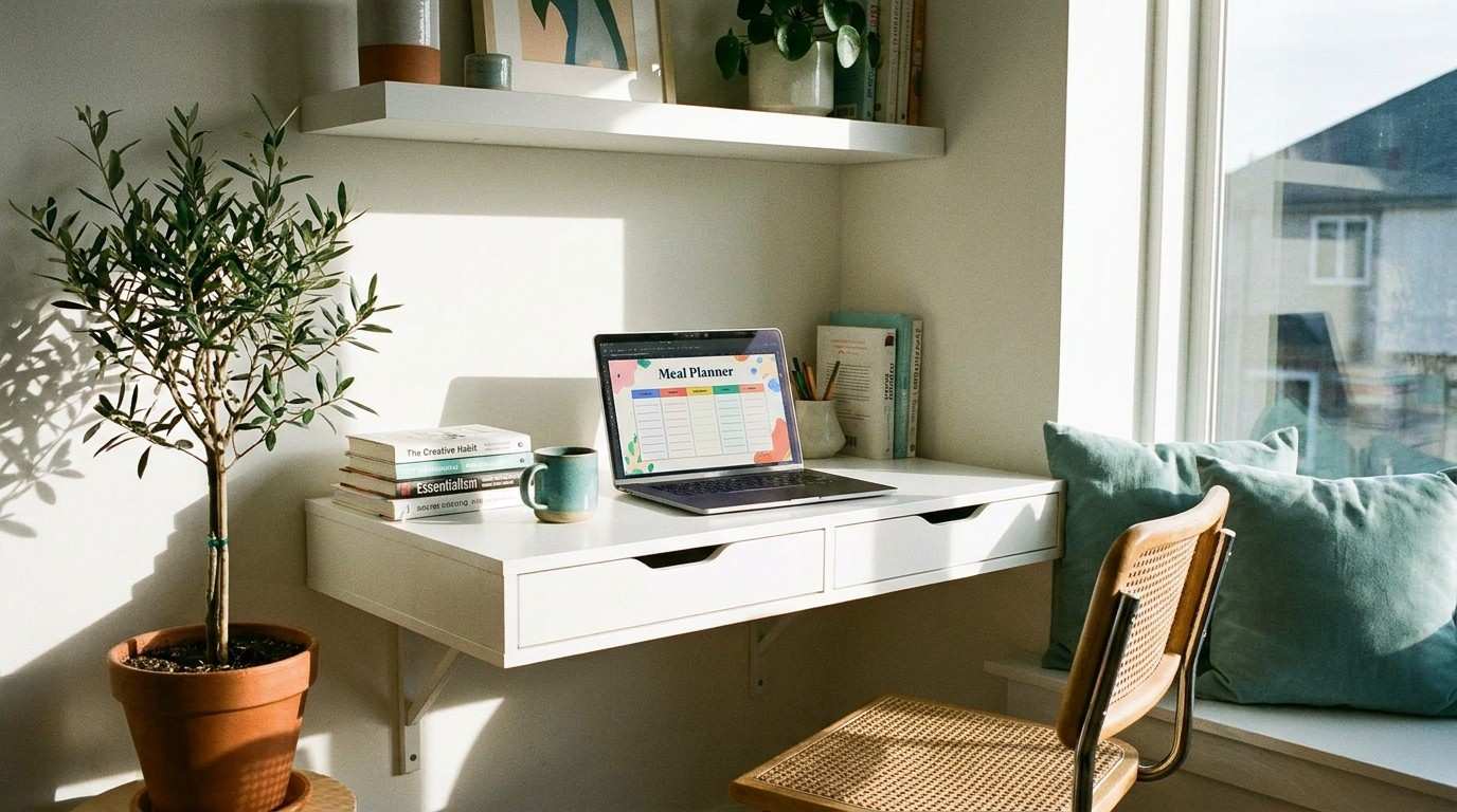 A bright desk with a laptop showing a digital product design, perfect for work from home no experience roles.