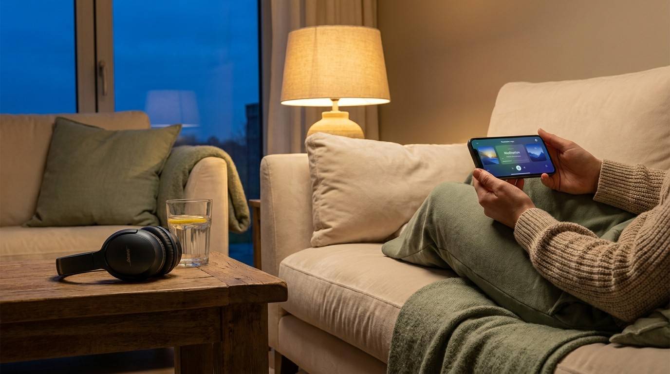 A mother using her phone on a sofa for side hustles from home 2026 while the house is quiet.