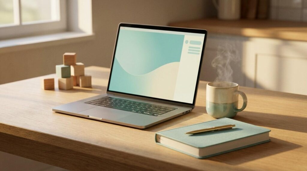 Clean home workspace with laptop, notebook, and coffee cup in soft golden lighting for side hustles