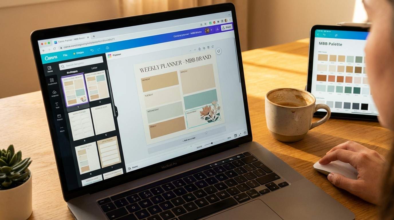 Laptop showing Canva interface with digital planner template being designed — Saturday afternoon product creation session
