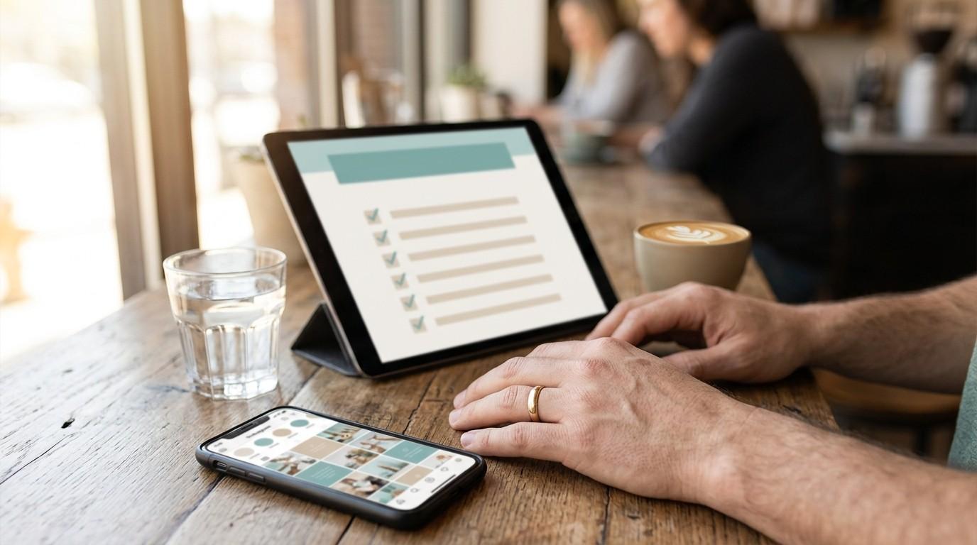 A parent's hand with a simple ring resting on a coffee shop table next to a tablet and smartphone, both displaying matching unbranded clean template designs.