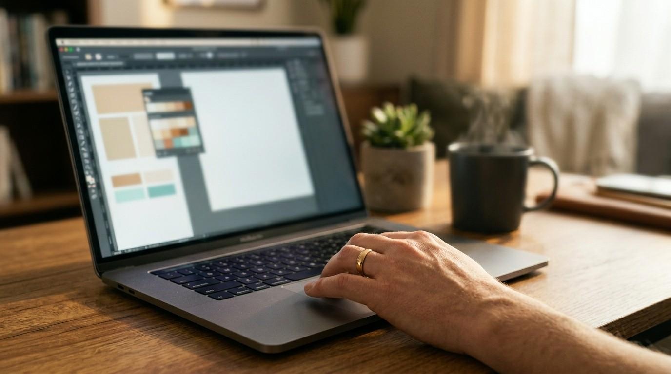 A close-up view of a parent's hand with a ring resting on a laptop trackpad in a sunlit home office, showing a generic Canva design interface on the screen.