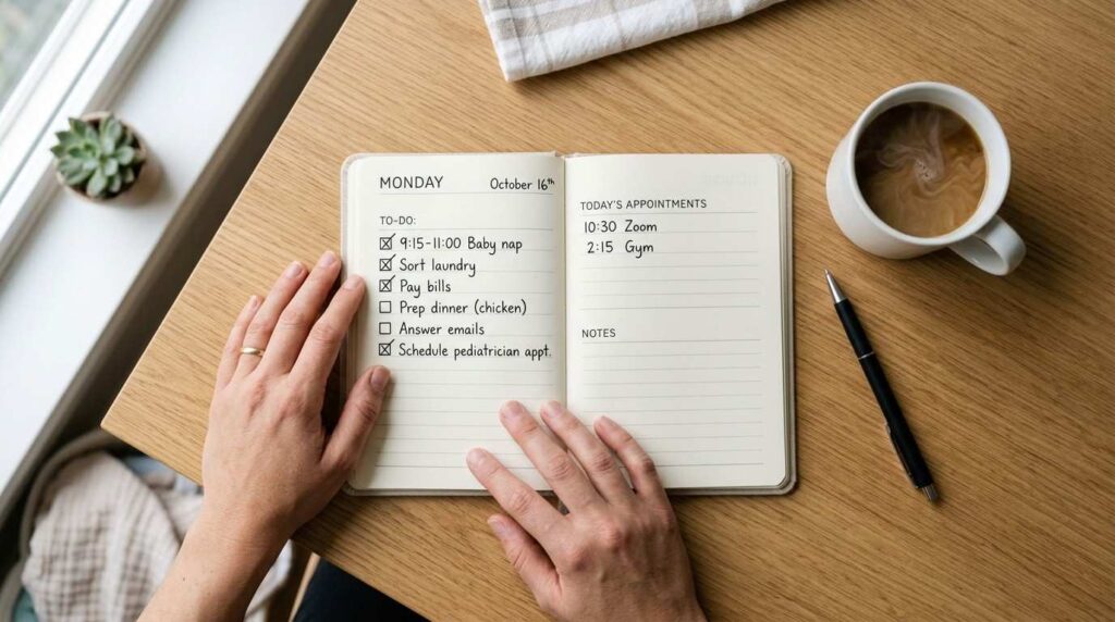 A direct overhead flat-lay of a parent's hands with a wedding ring, a planner, and a coffee mug on a light wood kitchen table during soft morning light, representing a Canva for beginners 2026 planning session.