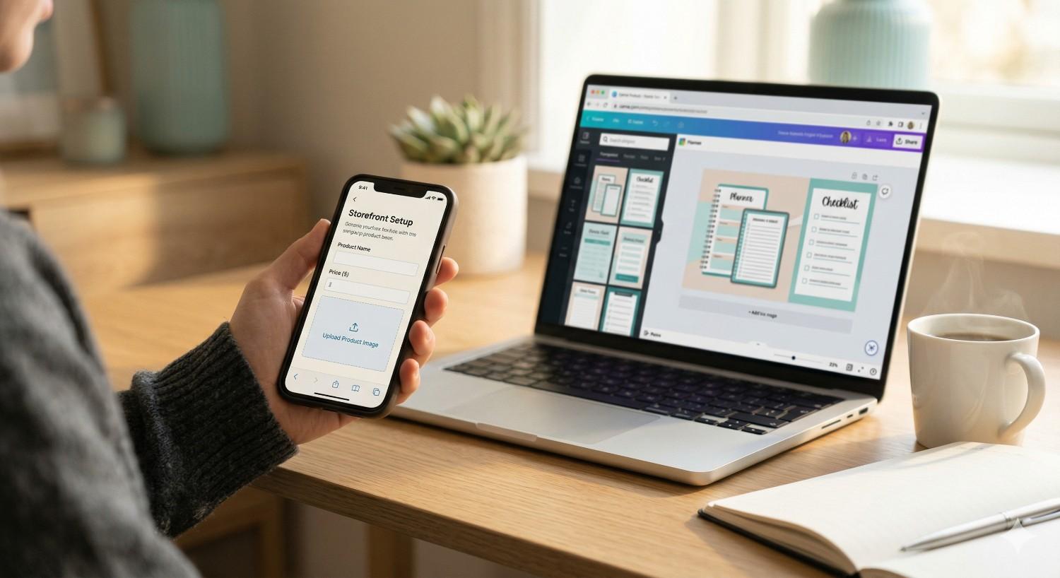 Phone showing storefront setup with Canva graphics on laptop — the three foundations every busy parent needs for their online business