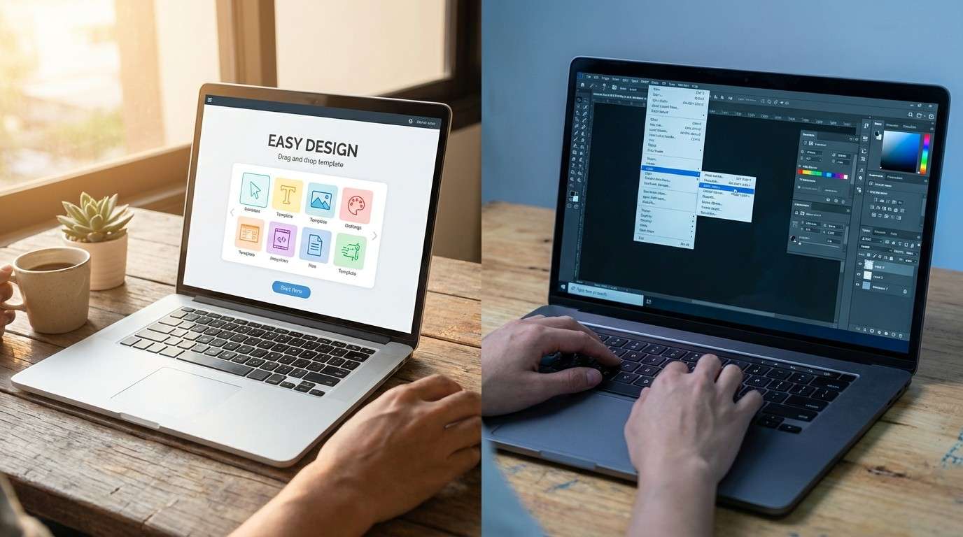 Split screen comparing Canva's simple drag-and-drop interface with complicated design software — why beginners choose Canva for creating products