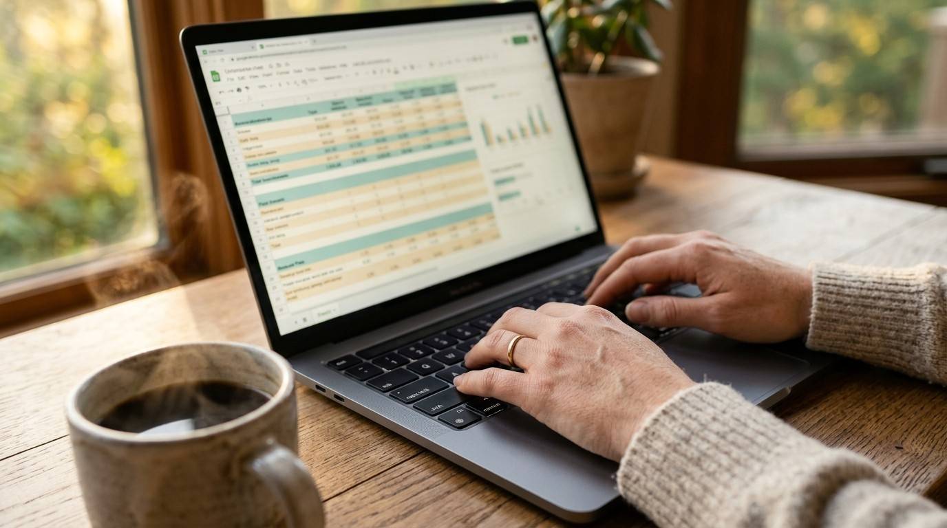 Close-up of hands typing on a laptop with a calm, organized spreadsheet during golden hour lighting.