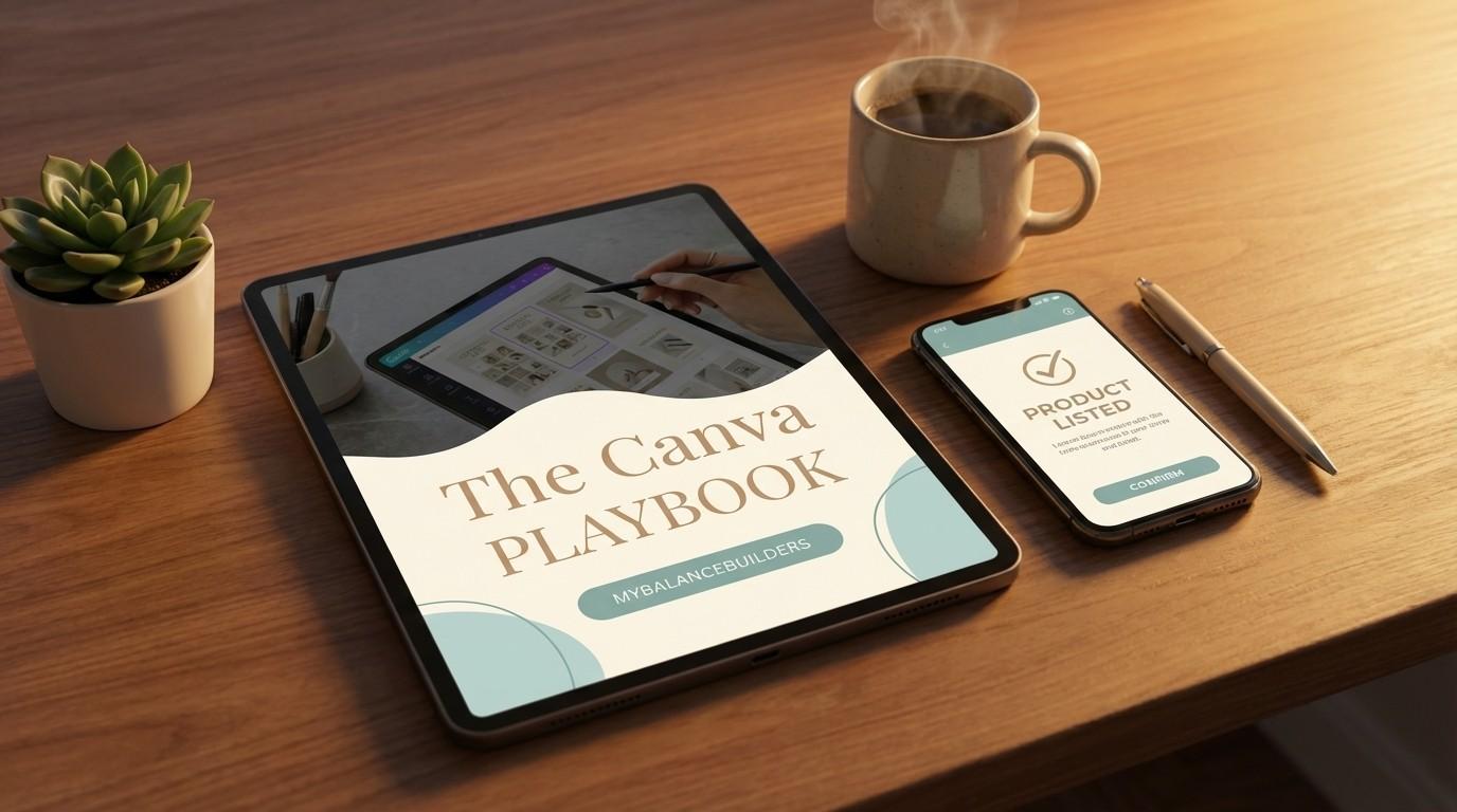 Tablet showing finished digital guide with published confirmation on phone beside it — product ready to sell after one evening of work