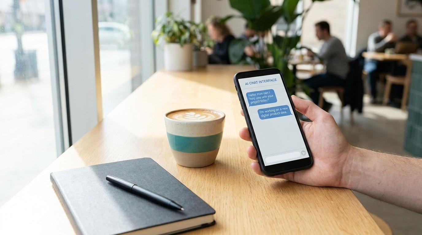 A hand holding a smartphone displaying an AI content interface in a coffee shop, representing digital product creation.