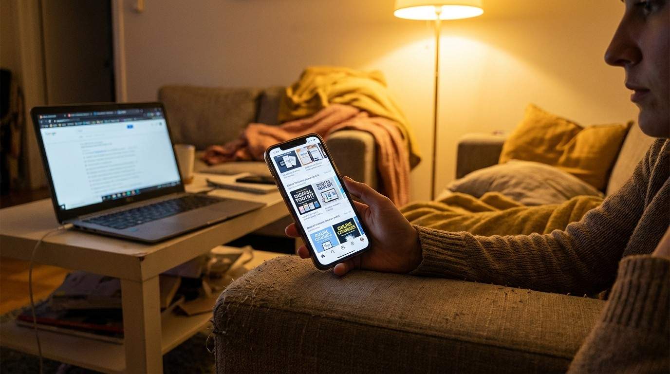 Hand scrolling through phone with digital product search results — the overwhelm of scattered information that led to creating this playbook