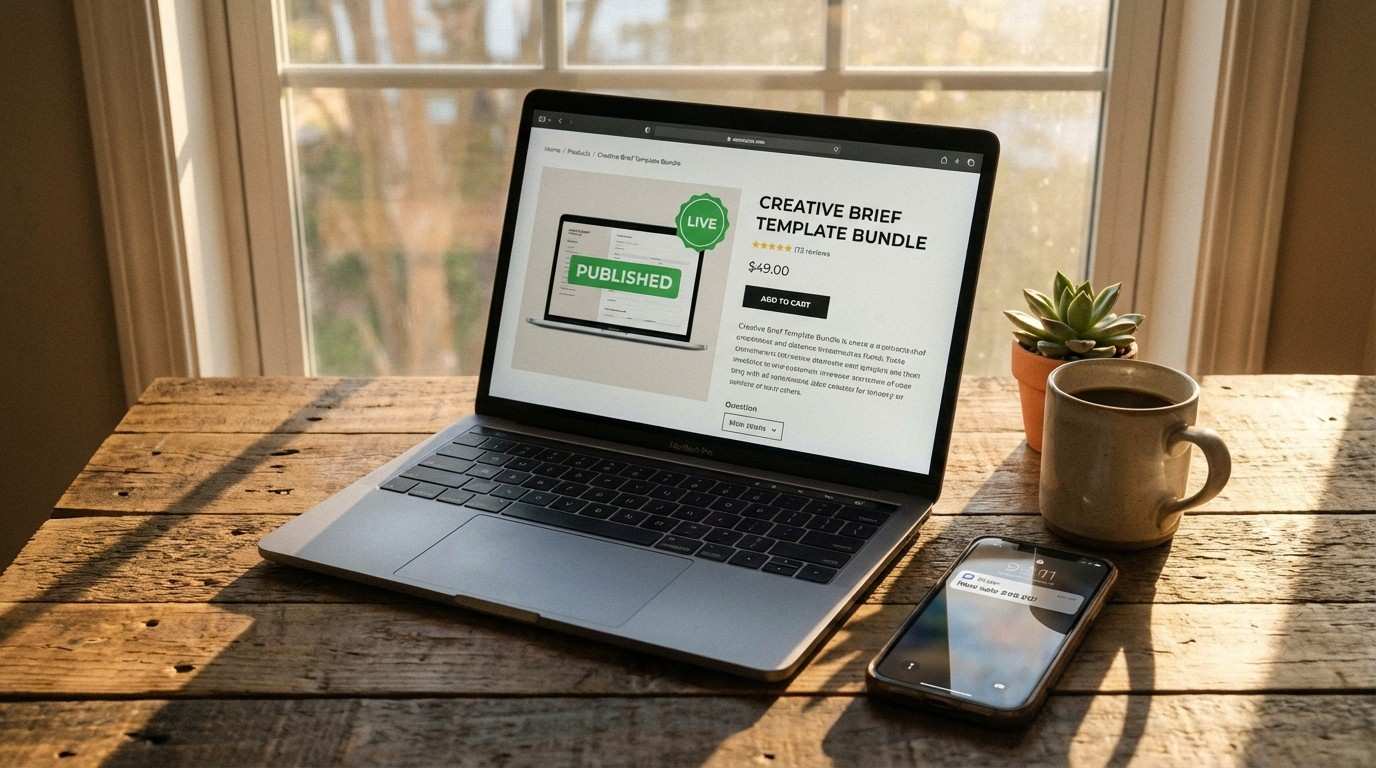 : Laptop showing a digital product listing going live with published confirmation — the launch moment from Chapter 4