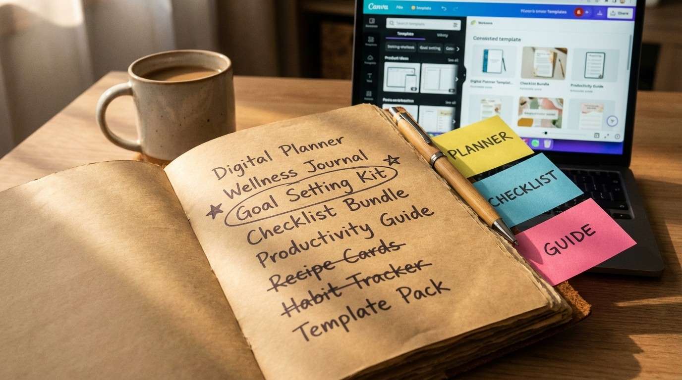 Notebook with product ideas brainstormed and one circled — the structured idea selection process from the Digital Product Playbook