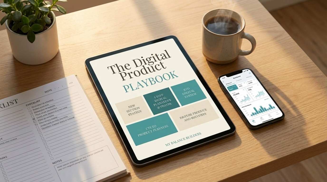 Tablet showing the complete guide with sales dashboard on phone — the full A-Z system for building a digital product business