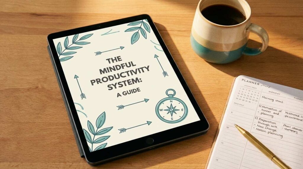 The Digital Product Playbook displayed on a tablet with coffee and planner beside it — the A-Z system for creating and selling digital products