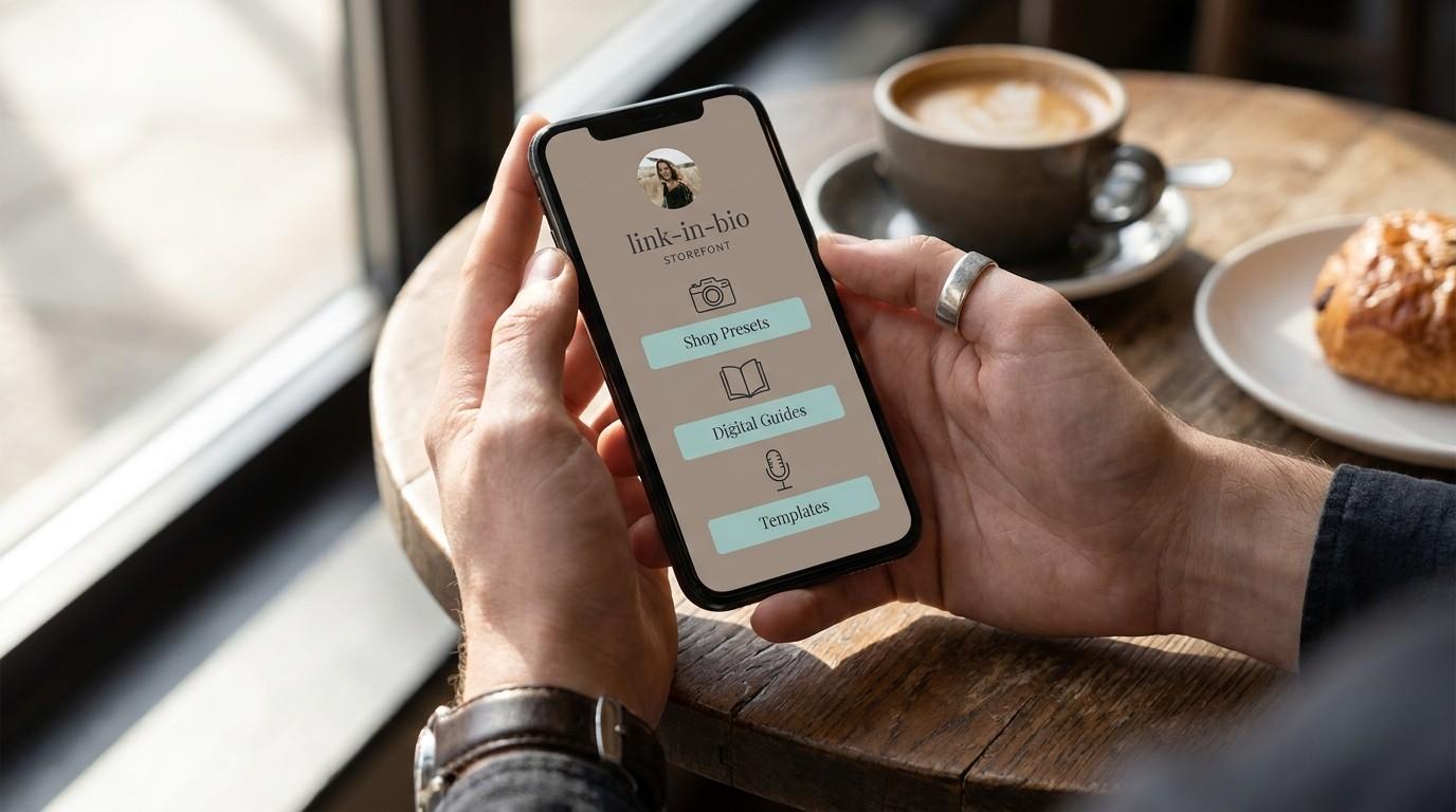 A phone screen showing a link-in-bio storefront page, representing high-converting promotional hooks.
