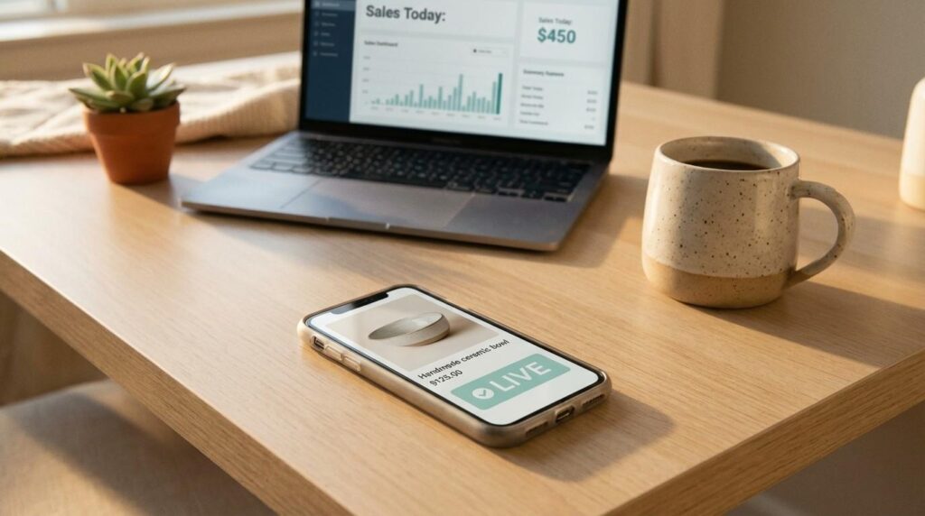 Laptop showing product listing with calculator and pricing notes on notepad — deciding how to price digital products for maximum sales