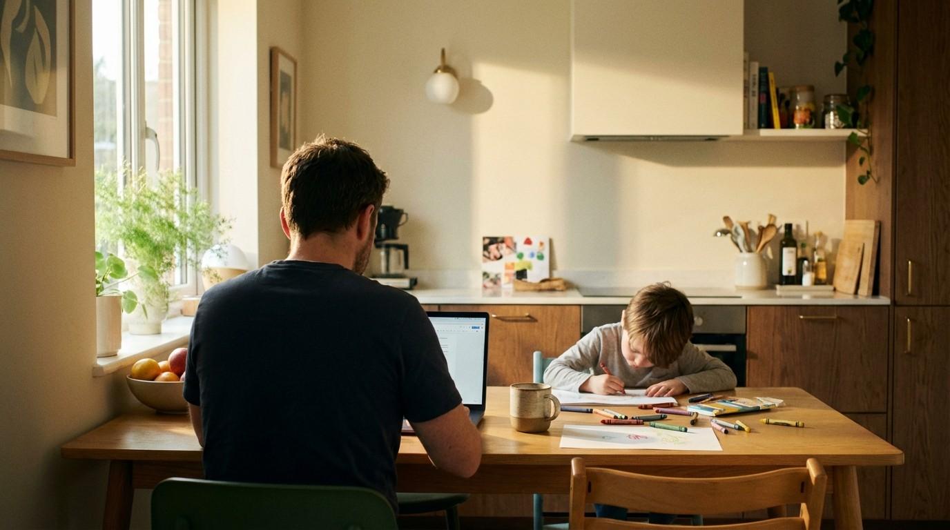 Parent working on laptop at kitchen table with child drawing nearby — balancing a side hustle around family life