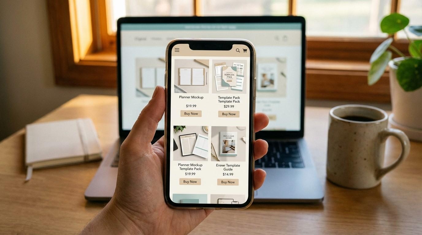 Hand holding phone showing online store with digital products Canva helped create — planners, templates, and guides ready to sell
