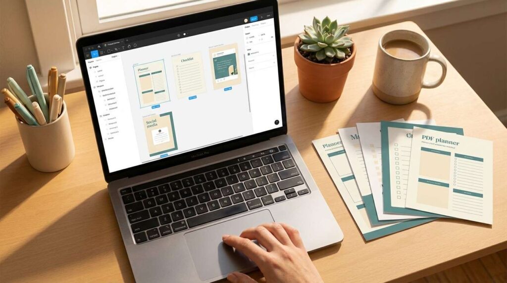 Laptop showing multiple digital products Canva designs including planners, checklists, and templates — workspace flat lay for busy parents