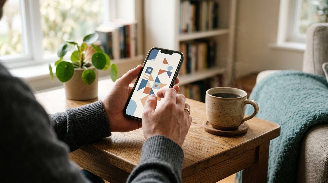 Hands holding a phone showing abstract design work in a sunlit cozy living room.