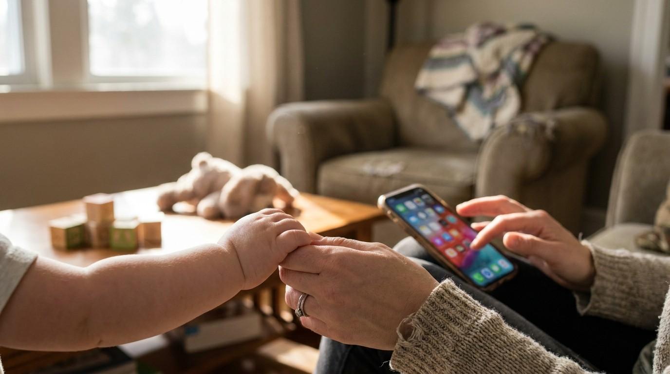 A mom's hands holding a toddler and a smartphone, demonstrating engagement hooks for social media.