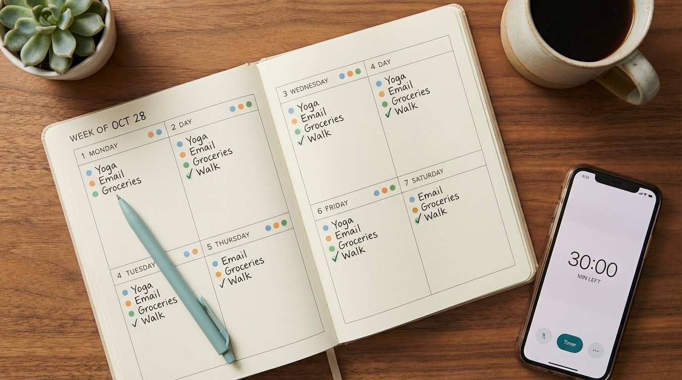 Weekly planner with 7-day action steps and phone showing 30-minute timer — quick start plan for launching a faceless brand