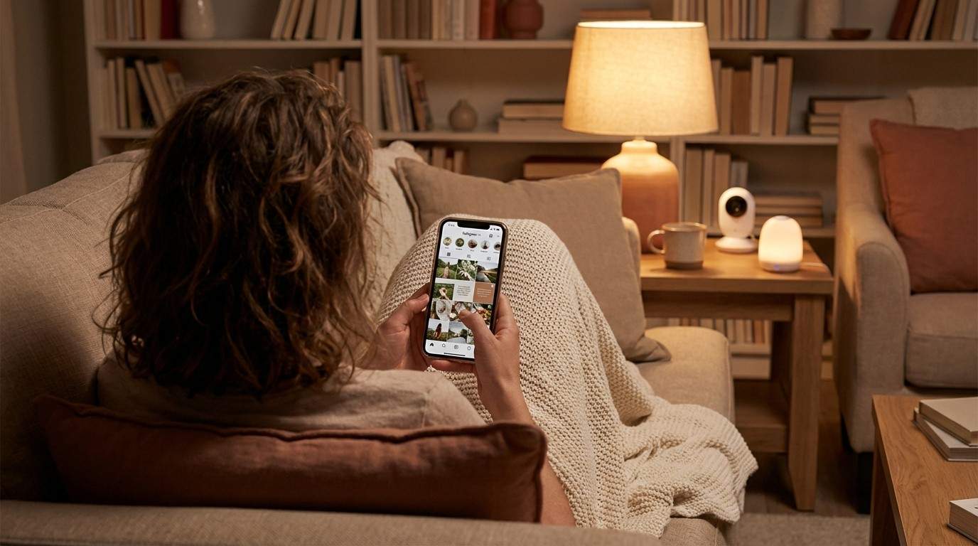 Person scrolling phone on couch in the evening with baby monitor nearby — discovering faceless marketing from home after bedtime