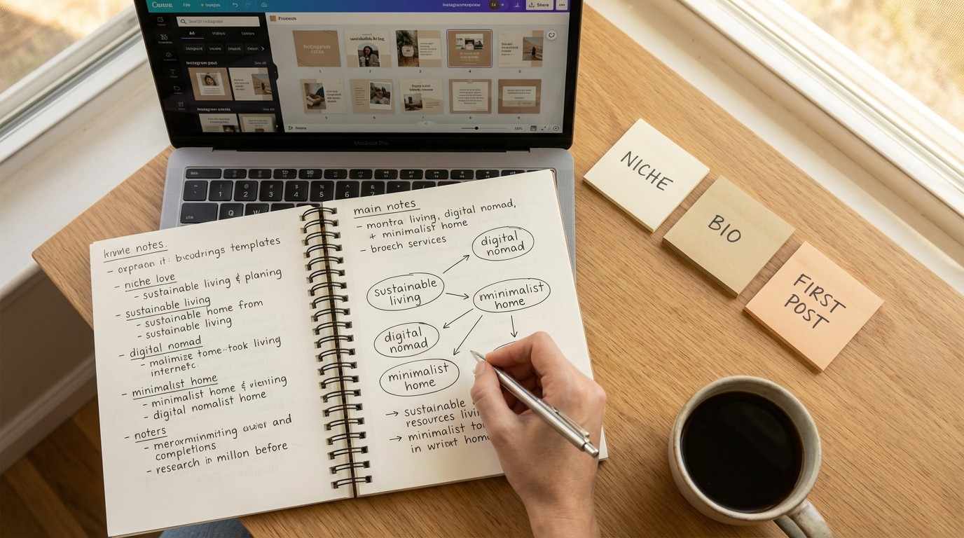 Notebook with niche brainstorming ideas and laptop showing Canva templates — month 1 of building a faceless brand during naptime