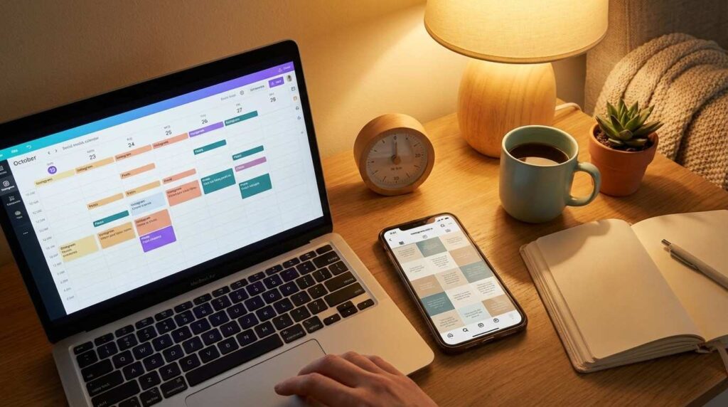Evening home desk with laptop showing scheduling calendar and phone with faceless Instagram feed — building a faceless brand side hustle in 30 minutes a day