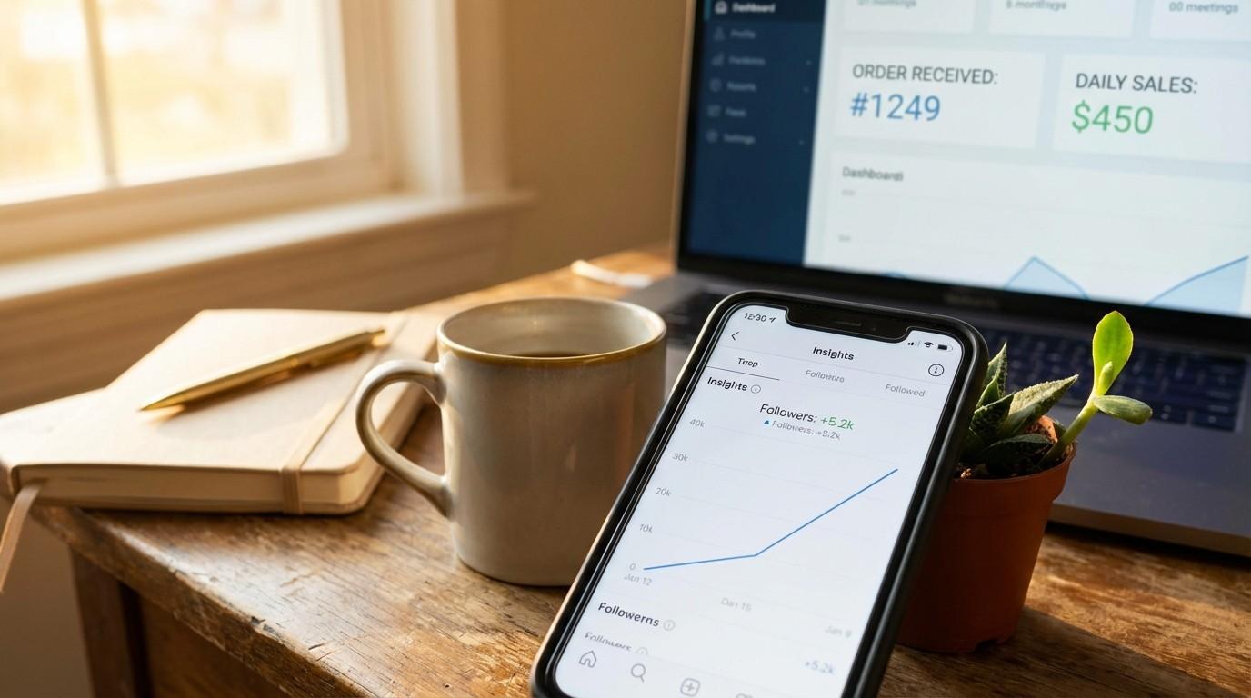 Phone showing Instagram follower growth chart with sales notification on laptop behind it — month 3 results from a faceless brand side hustle