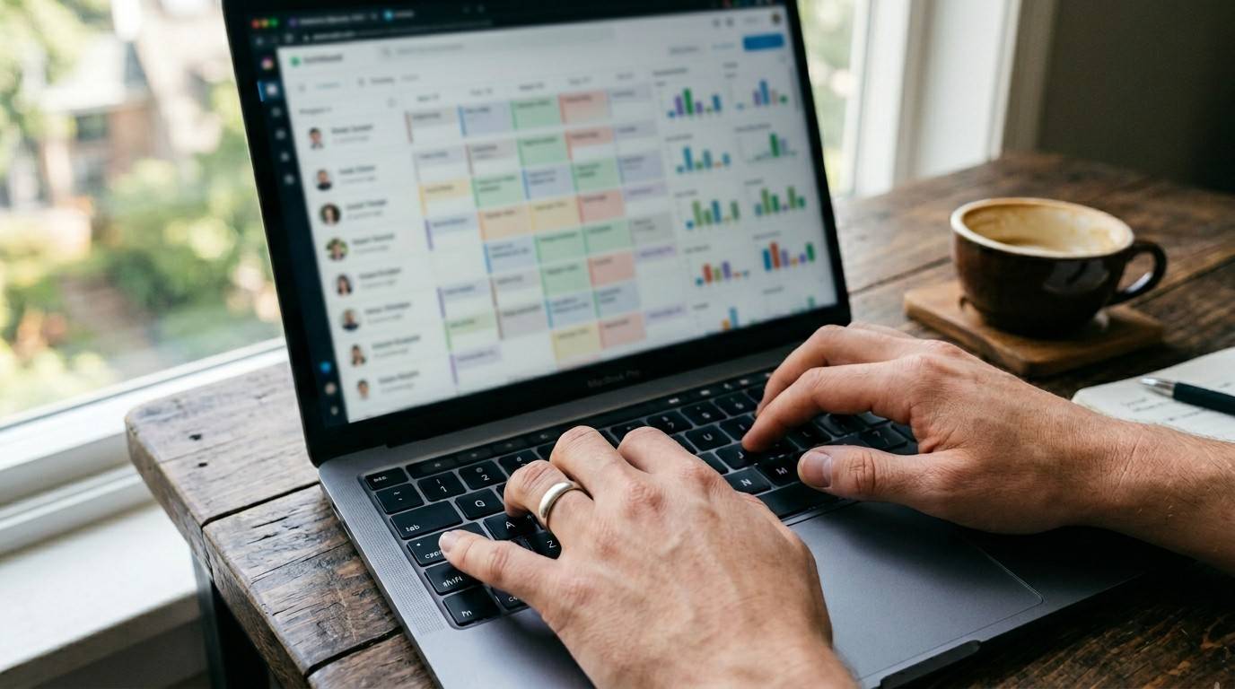 Hands typing on a laptop near a coffee cup, illustrating the process of batching faceless instagram post ideas.