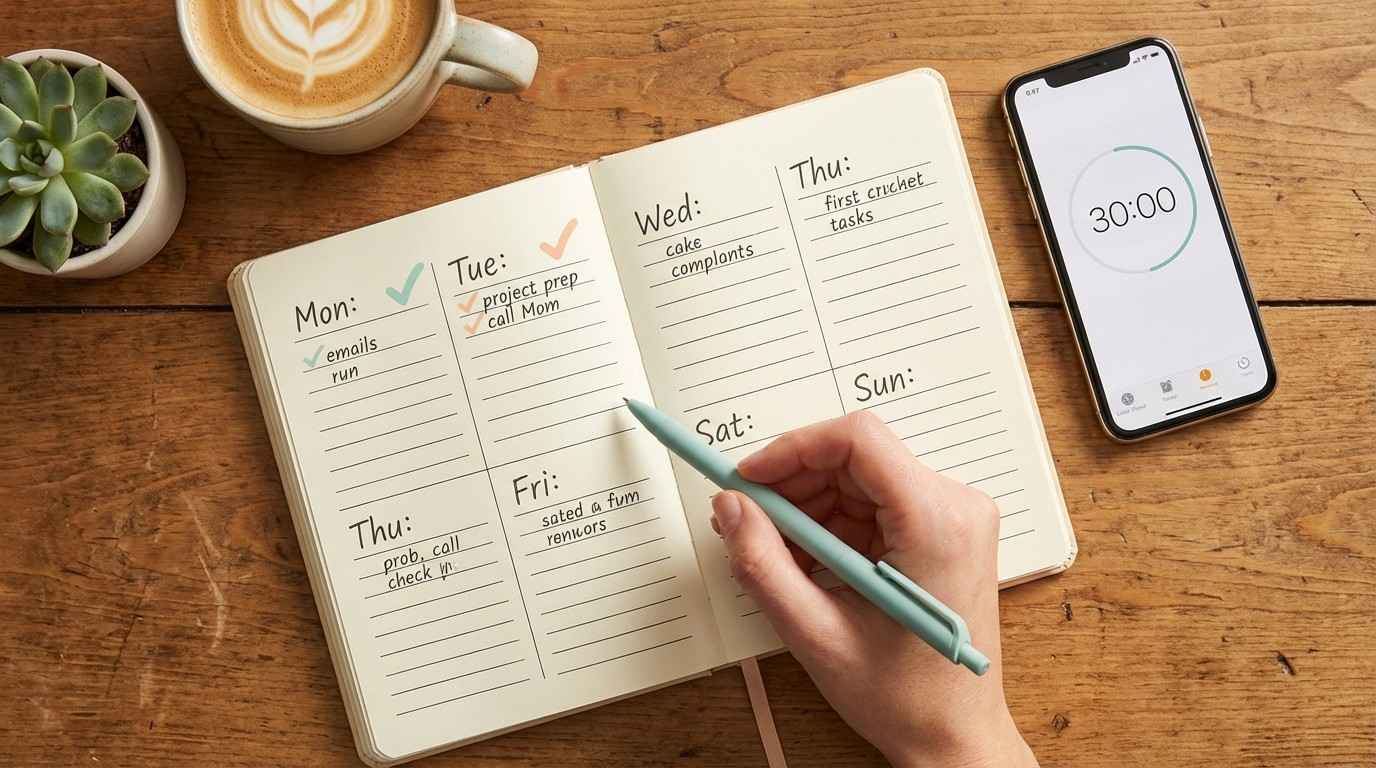 Weekly planner showing 7-day action steps with phone timer set to 30 minutes — quick start plan for launching a faceless brand Caption