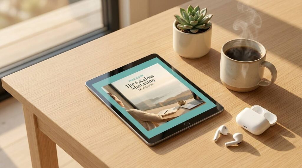 Free faceless marketing guide displayed on tablet with coffee mug and plant — starter kit for busy parents by MyBalanceBuilders