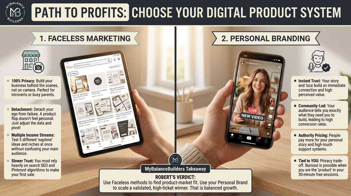 Faceless marketing on laptop versus personal brand on phone — two approaches for parents choosing how to build their online business