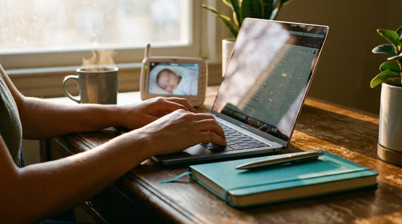 Close-up of hands typing on a laptop during golden hour, illustrating a 30-minute faceless social media plan workflow.