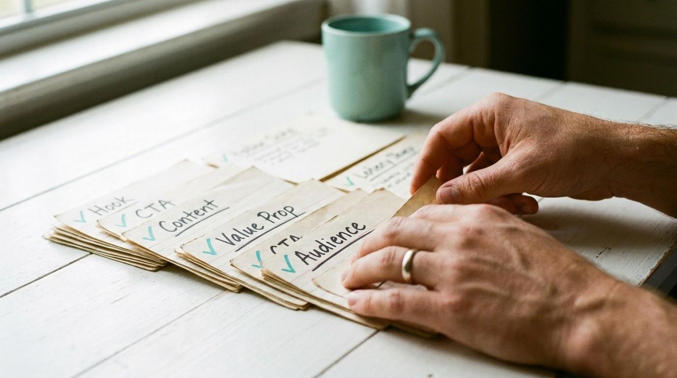 Close-up of hands organizing content strategy cards on a table, representing a faceless social media plan.