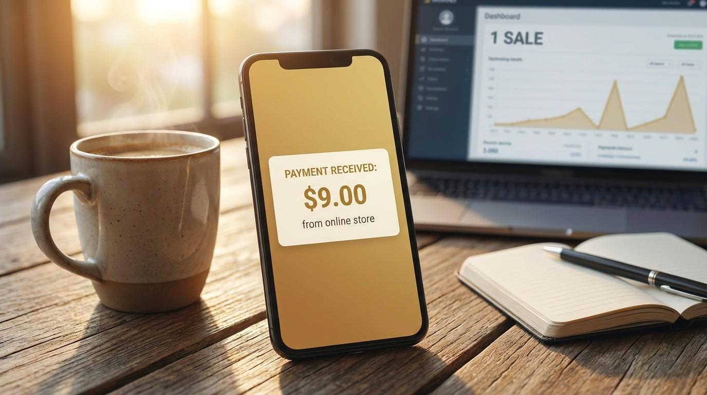 Phone showing first sale notification with laptop dashboard behind it — the moment a weekend project starts earning real income