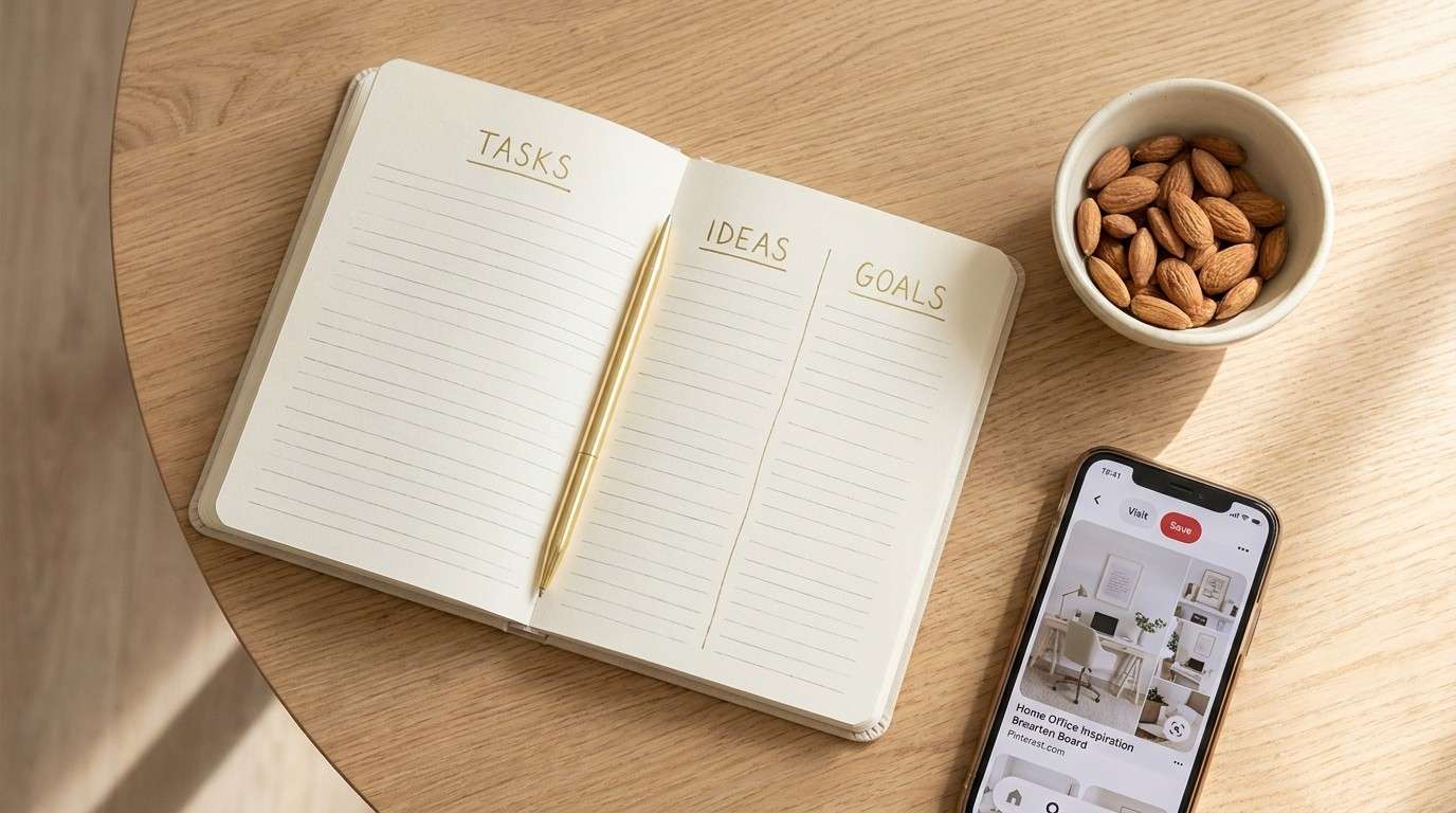 An organized planner and phone illustrating the 3-pillar strategy for online income for moms.