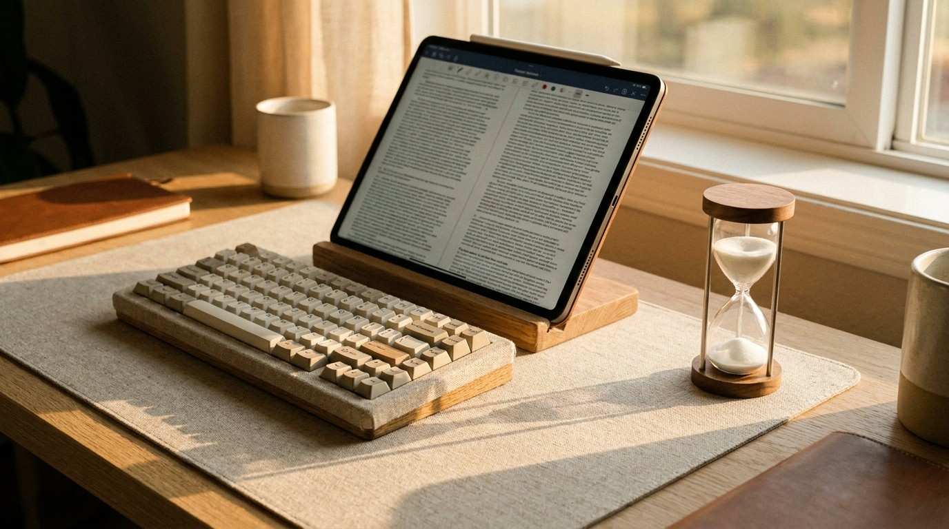 A tablet and keyboard setup for batching work from home no experience content.