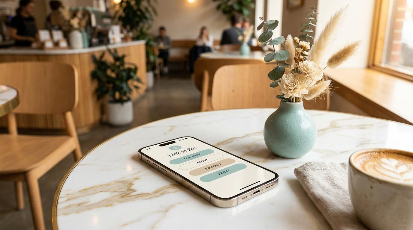 A smartphone showing a link-in-bio page, representing the transition from social strategy to online income for moms.