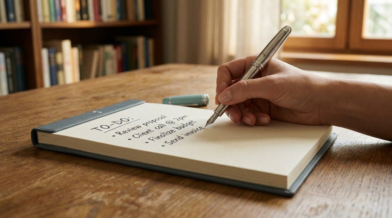 A hand writing a list on a notepad at a wooden desk, brainstorming hook examples for instagram reels.