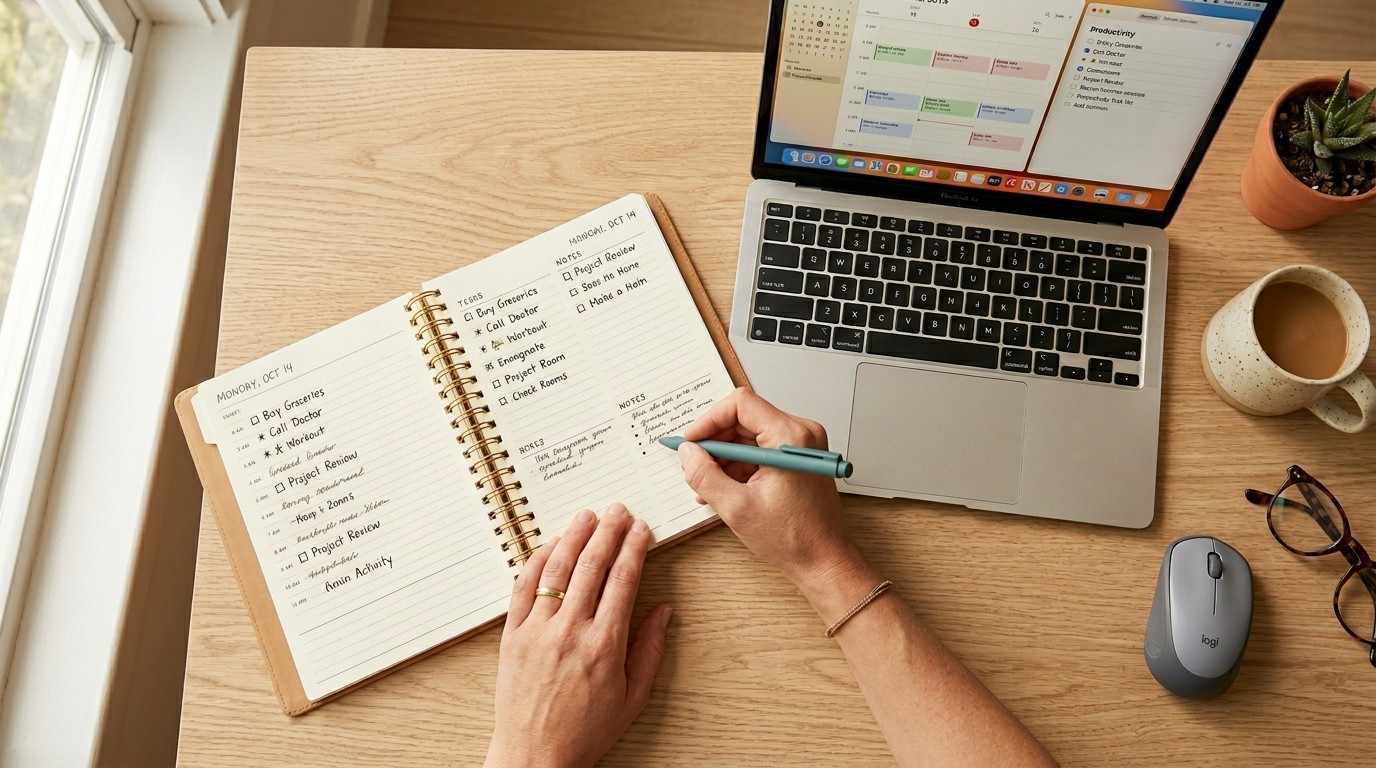 Flat-lay view of a parent's hands time-blocking in a planner near a laptop, showing how to build MRR online.