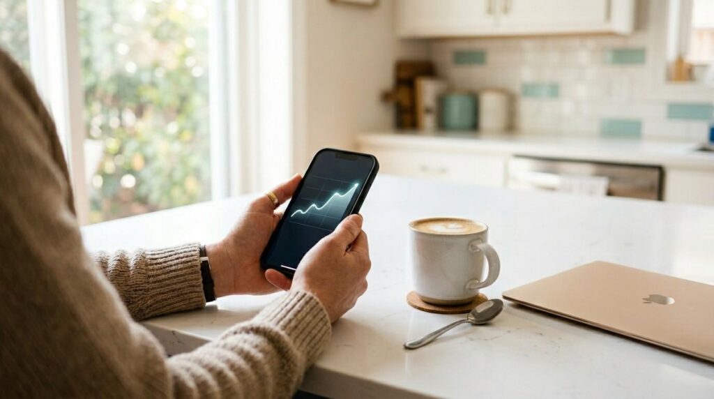 A parent's hands holding a smartphone with an upward trending chart next to a coffee mug on a kitchen counter, explaining how to make money master resell rights.