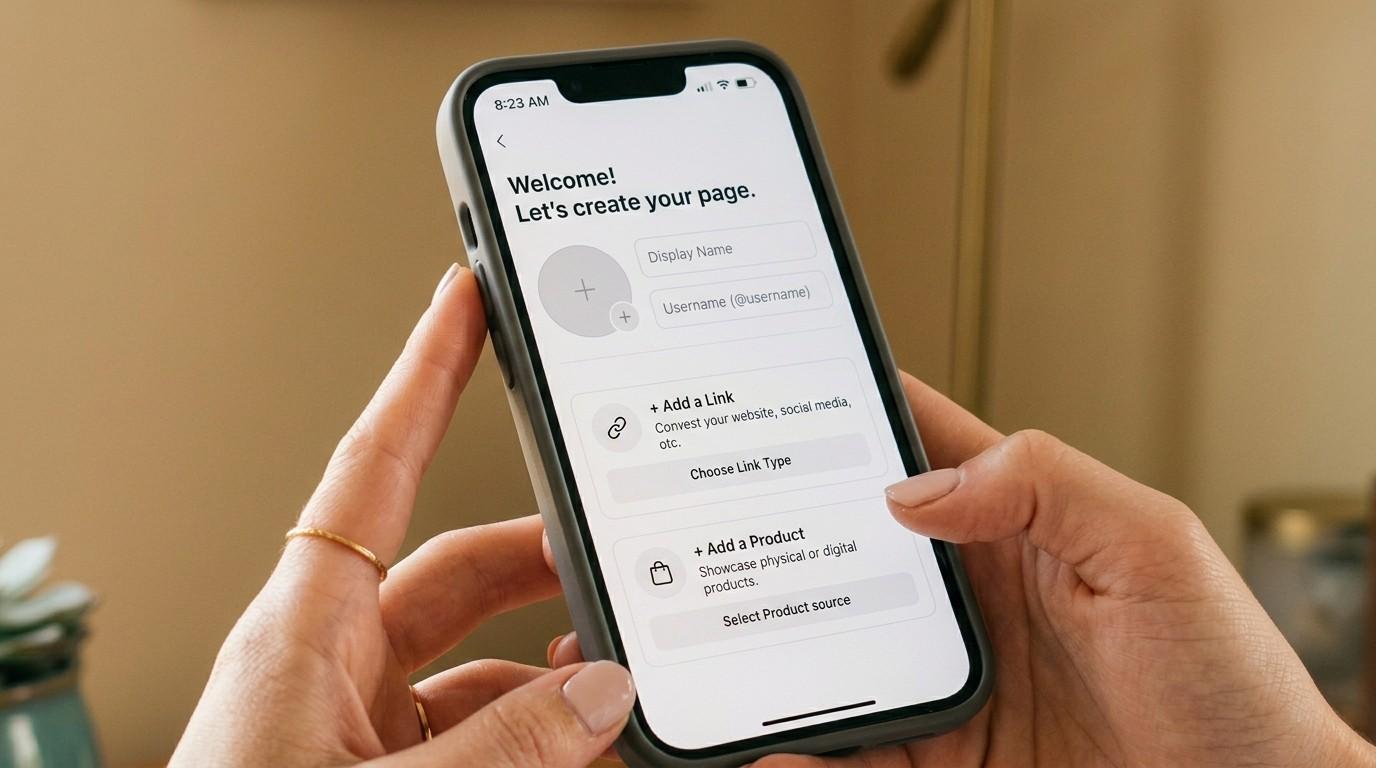 A close-up of hands holding a smartphone displaying a generic profile link editor, illustrating how to sell digital products on Beacons AI.