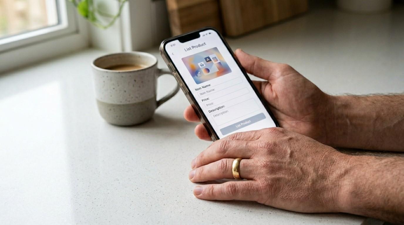 A focused close-up of a parent's hand holding a smartphone at a clean kitchen counter, showing a generic mobile app listing form for a digital product.