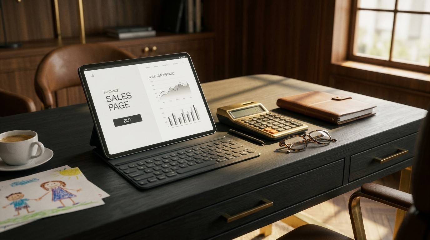 A tablet showing a digital product sales page on a professional desk setup.
